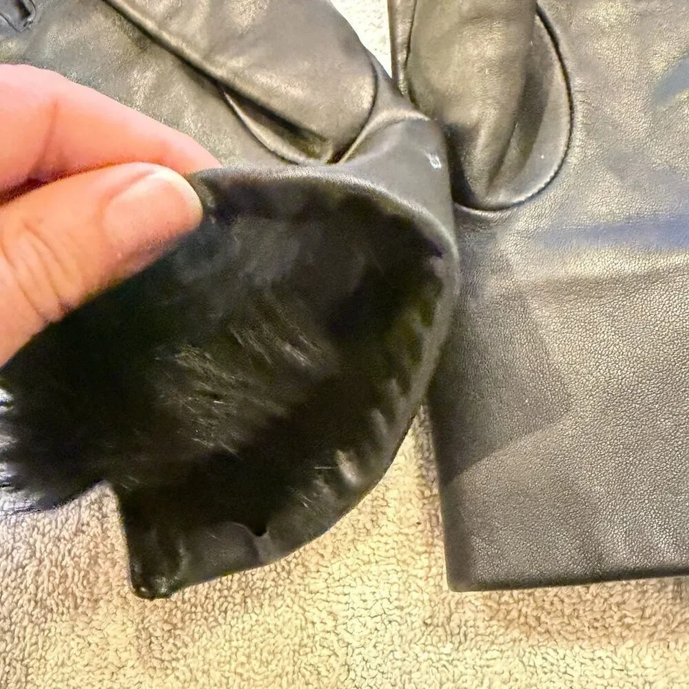 Women’s Luxury Black Leather Gloves Real Fur Lined Winter Classic Driving Rabbit